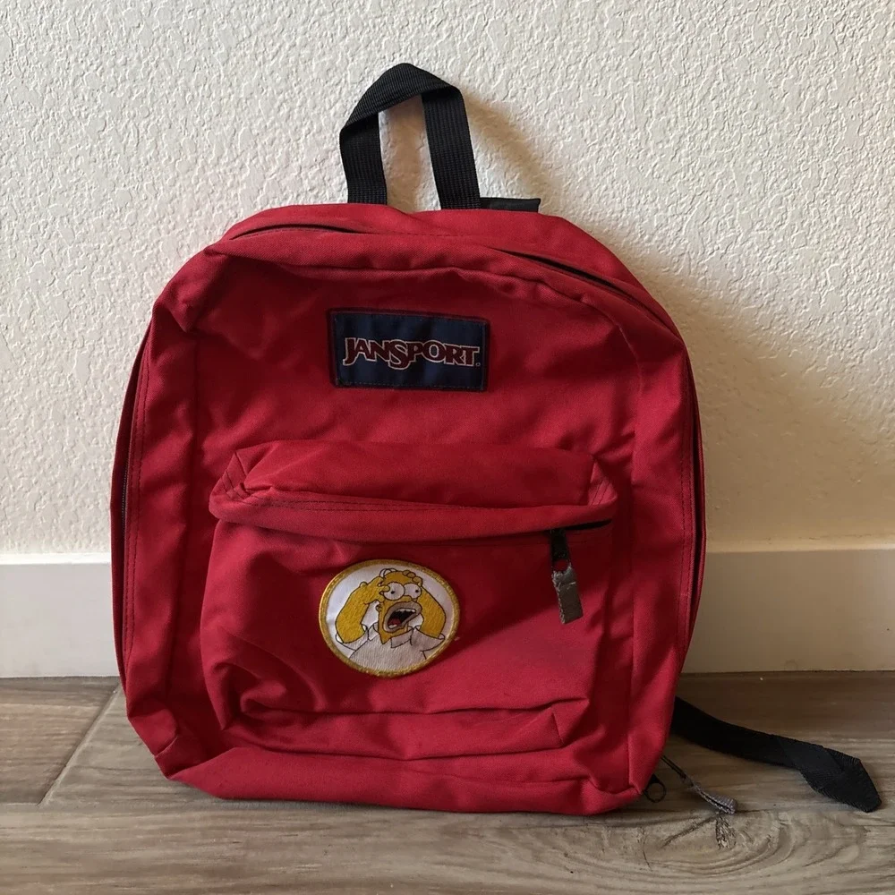 Vintage Jansport 1990s Backpack Red Nylon w/ Bart Simpson Patch
